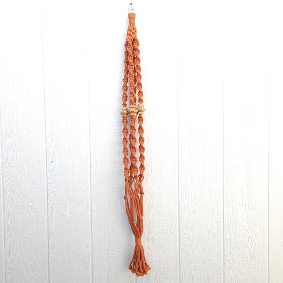 Vtg Macrame Plant Hanger Orange Nylon Boho Hippie Rustic Garden Patio Decor 45"L - Picture 3 of 8